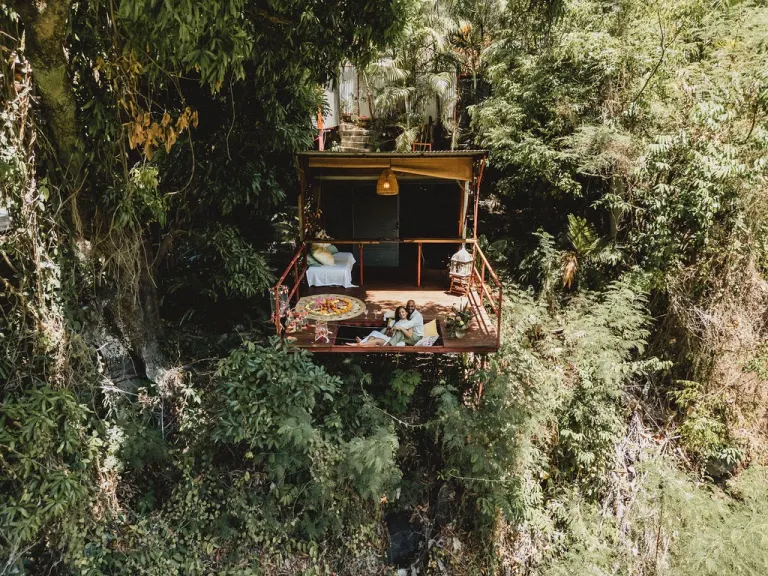 Vue aérienne d’une réception de mariage installée au cœur de la jungle