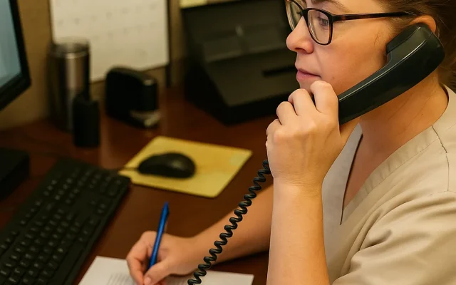 Une professionnelle de santé en tenue beige répond au téléphone à son bureau en prenant des notes.