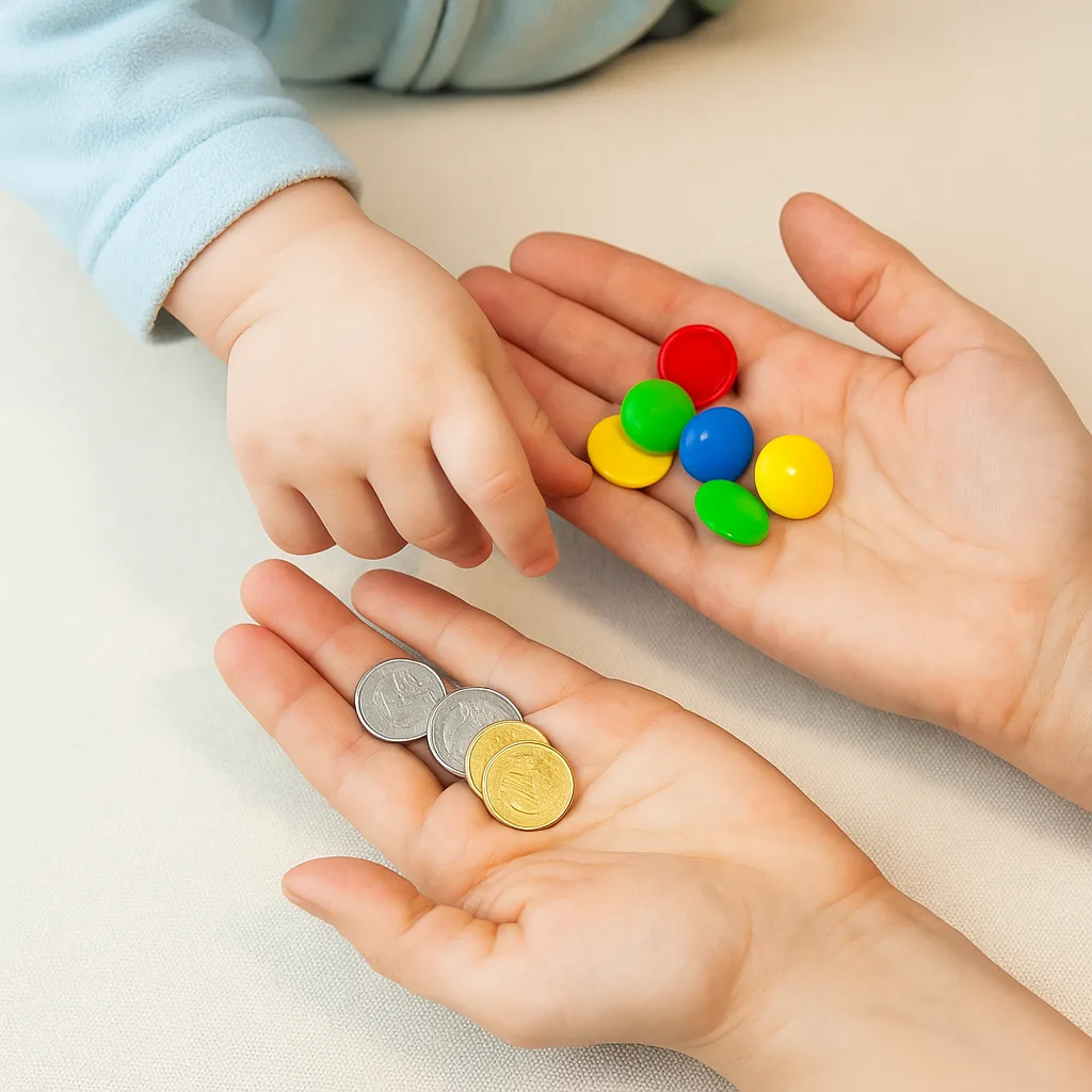 La main d’un jeune enfant saisit des jetons colorés dans la paume d’un adulte, dont l’autre main présente des pièces de monnaie.