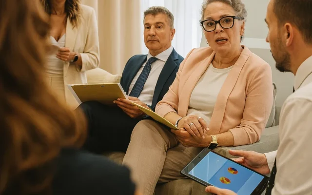 Des professionnels réunis en cercle échangent, certains tenant un dossier ou une tablette.