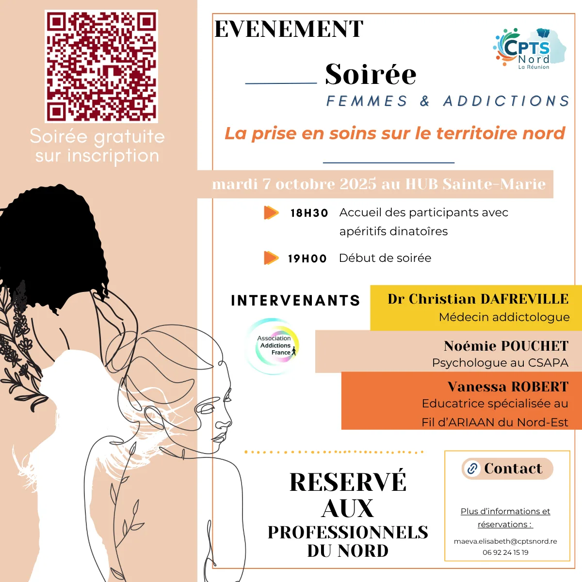 Affiche de la soirée « Femmes & addictions – La prise en soins sur le territoire Nord », mardi 7 octobre 2025 au HUB Sainte-Marie, avec le Dr Christian Dafreville, Noémie Pouchet et Vanessa Robert ; soirée gratuite sur inscription, réservée aux professionnels du Nord.