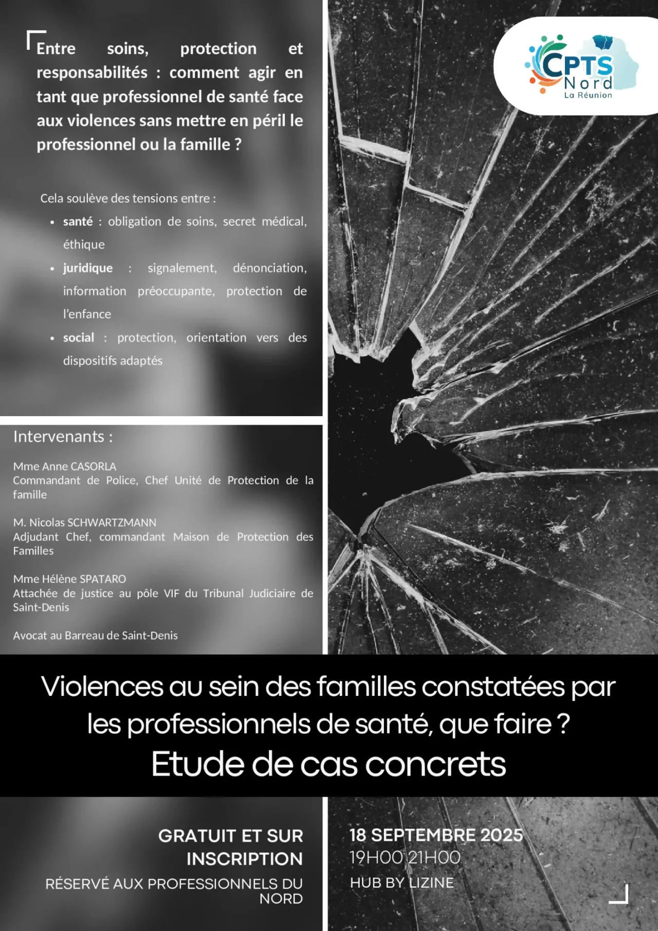 Affiche de la soirée « Violences au sein des familles constatées par les professionnels de santé, que faire ? Étude de cas concrets », 18 septembre 2025 de 19 h à 21 h au HUB by Lizine ; gratuit et sur inscription, réservé aux professionnels du Nord.