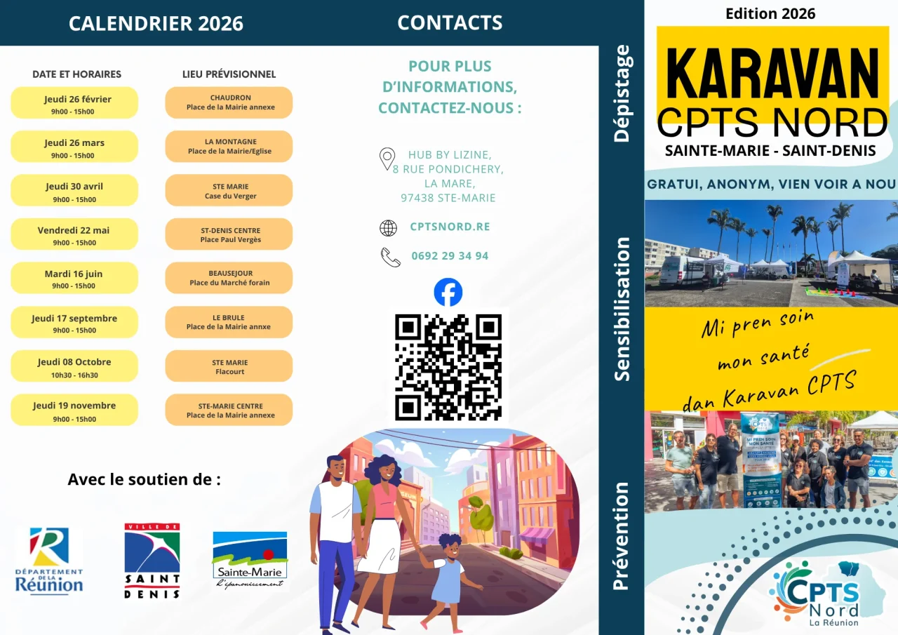Dépliant Karavan CPTS Nord, édition 2026, face extérieure : calendrier des actions (jeudi 26 février au Chaudron, jeudi 26 mars à La Montagne, jeudi 30 avril à Sainte-Marie, vendredi 22 mai à Saint-Denis centre, mardi 16 juin à Beauséjour, jeudi 17 septembre au Brûlé, jeudi 8 octobre à Sainte-Marie Flacourt, jeudi 19 novembre à Sainte-Marie centre, de 9 h à 15 h), contacts de la CPTS et partenaires (Département, Saint-Denis, Sainte-Marie).