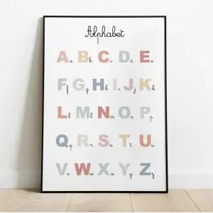 Affiche éducative Alphabet : lettres de A à Z en majuscules et en cursive, couleurs pastel