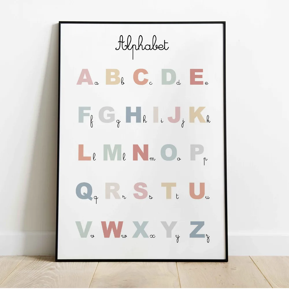 Affiche éducative Alphabet : lettres de A à Z en majuscules et en cursive, couleurs pastel