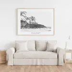 Affiche Na poin person, dessin en noir et blanc d’une côte réunionnaise bordée de palmiers, encadrée au-dessus d’un canapé beige
- autres images proposées :