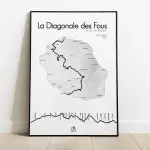 Affiche La Diagonale des Fous : carte de La Réunion avec le tracé de la course et son profil de dénivelé