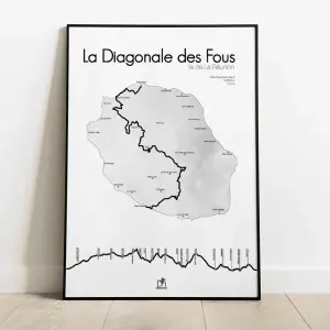 Affiche La Diagonale des Fous : carte de La Réunion avec le tracé de la course et son profil de dénivelé