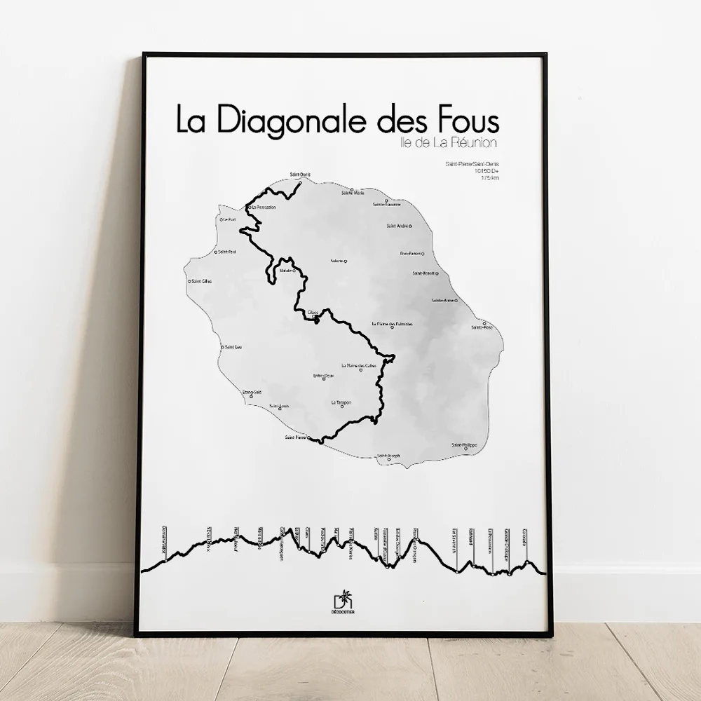 Affiche La Diagonale des Fous : carte de La Réunion avec le tracé de la course et son profil de dénivelé