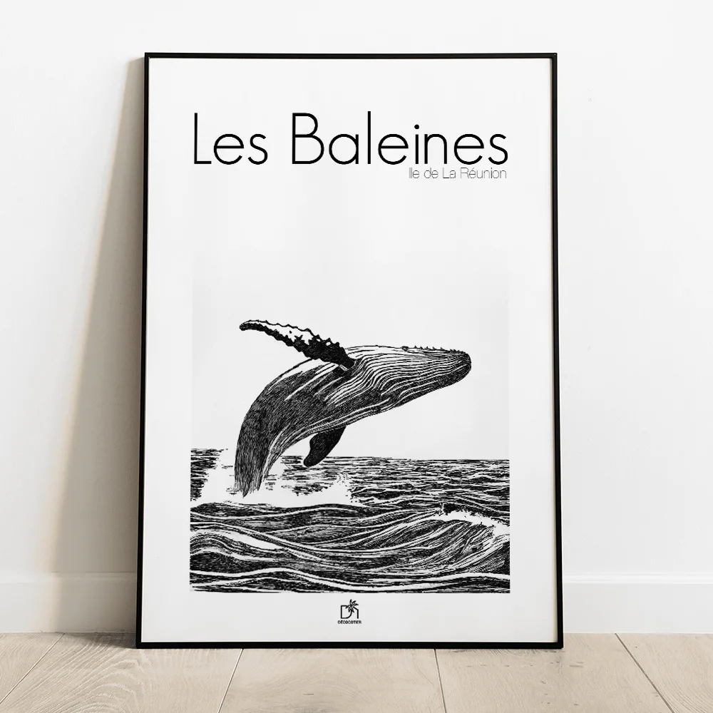 Affiche Les baleines : baleine à bosse sautant hors des vagues, dessin noir et blanc