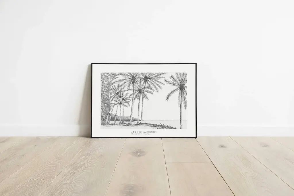 Affiche Lign lorizon : cocotiers et ligne d’horizon sur la plage de Trou d’Eau, dessin au crayon