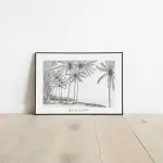 Affiche Lign lorizon : cocotiers et ligne d’horizon sur la plage de Trou d’Eau, dessin au crayon