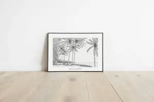 Affiche Lign lorizon : cocotiers et ligne d’horizon sur la plage de Trou d’Eau, dessin au crayon