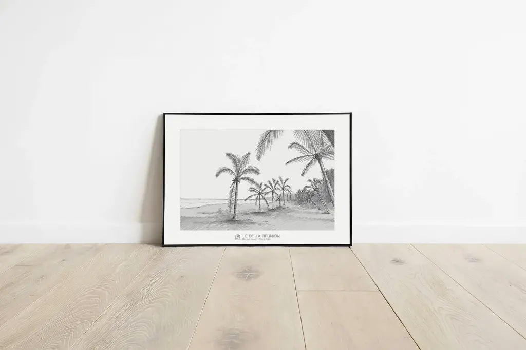 Affiche Met out savat : plage de L’Étang-Salé bordée de cocotiers, dessin au crayon