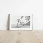 Affiche Met out savat : plage de L’Étang-Salé bordée de cocotiers, dessin au crayon