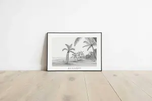 Affiche Met out savat : plage de L’Étang-Salé bordée de cocotiers, dessin au crayon