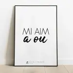 Affiche typographique Mi aim a ou, « je t’aime » en créole réunionnais, lettres noires sur fond blanc