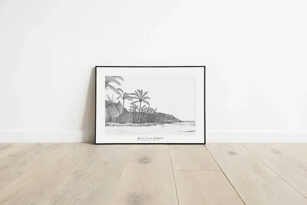 Affiche Na poin person : plage de Grand Anse et cocotiers au pied du cap, dessin au crayon