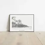 Affiche Na poin person : plage de Grand Anse et cocotiers au pied du cap, dessin au crayon