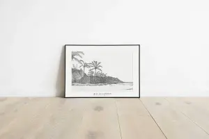 Affiche Na poin person : plage de Grand Anse et cocotiers au pied du cap, dessin au crayon