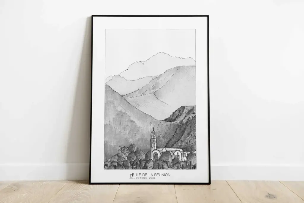 Affiche Oté bondié : église de Cilaos et montagnes du cirque, dessin au crayon