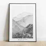 Affiche Oté bondié : église de Cilaos et montagnes du cirque, dessin au crayon