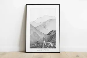 Affiche Oté bondié : église de Cilaos et montagnes du cirque, dessin au crayon
