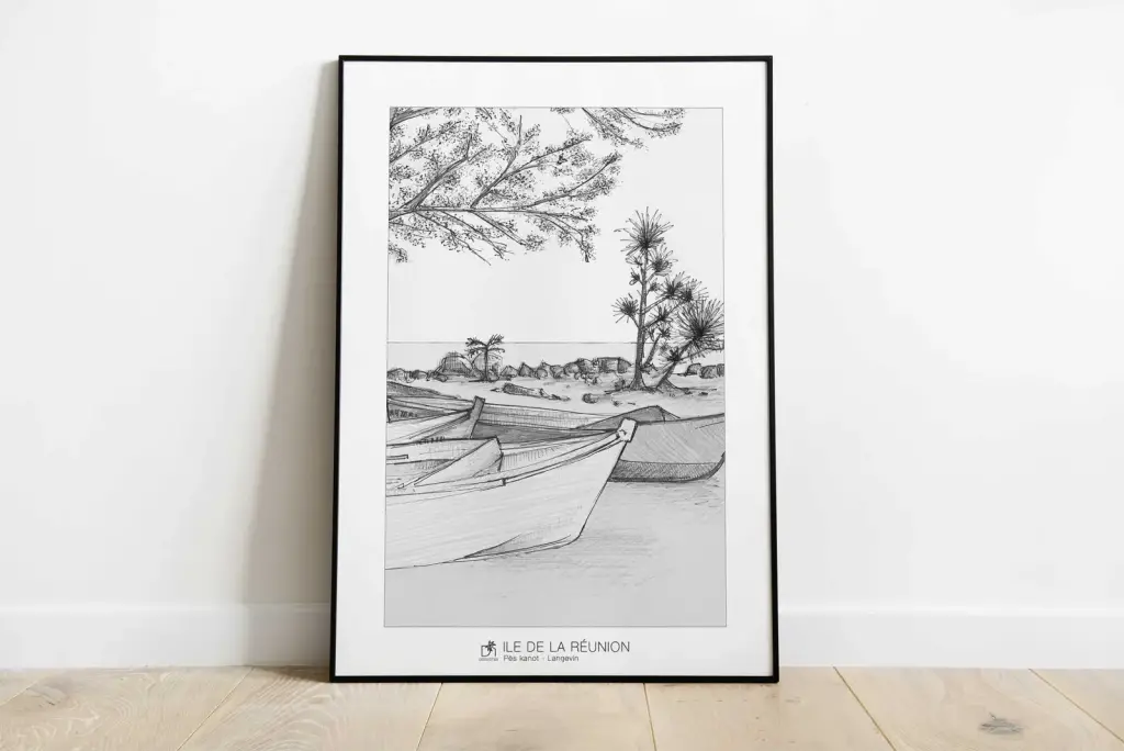 Affiche Pès kanot : barques de pêcheurs sur le rivage de Langevin et vacoas, dessin au crayon