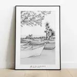 Affiche Pès kanot : barques de pêcheurs sur le rivage de Langevin et vacoas, dessin au crayon
