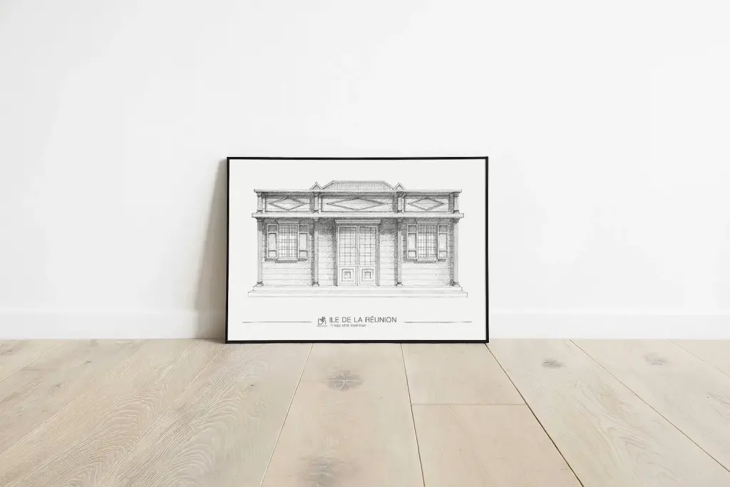 Affiche Ti kaz ché monmon : façade d’une case créole à colonnes et portes-fenêtres, dessin au crayon