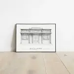 Affiche Ti kaz ché monmon : façade d’une case créole à colonnes et portes-fenêtres, dessin au crayon