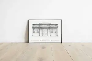 Affiche Ti kaz ché monmon : façade d’une case créole à colonnes et portes-fenêtres, dessin au crayon