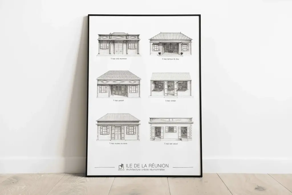 Affiche Ti kaz ensemb : six façades de cases créoles réunionnaises dessinées au crayon, avec leur nom