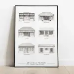 Affiche Ti kaz ensemb : six façades de cases créoles réunionnaises dessinées au crayon, avec leur nom