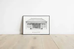 Affiche Ti kaz lamour lé dou : case créole avec varangue, table, deux chaises et plantes en pot