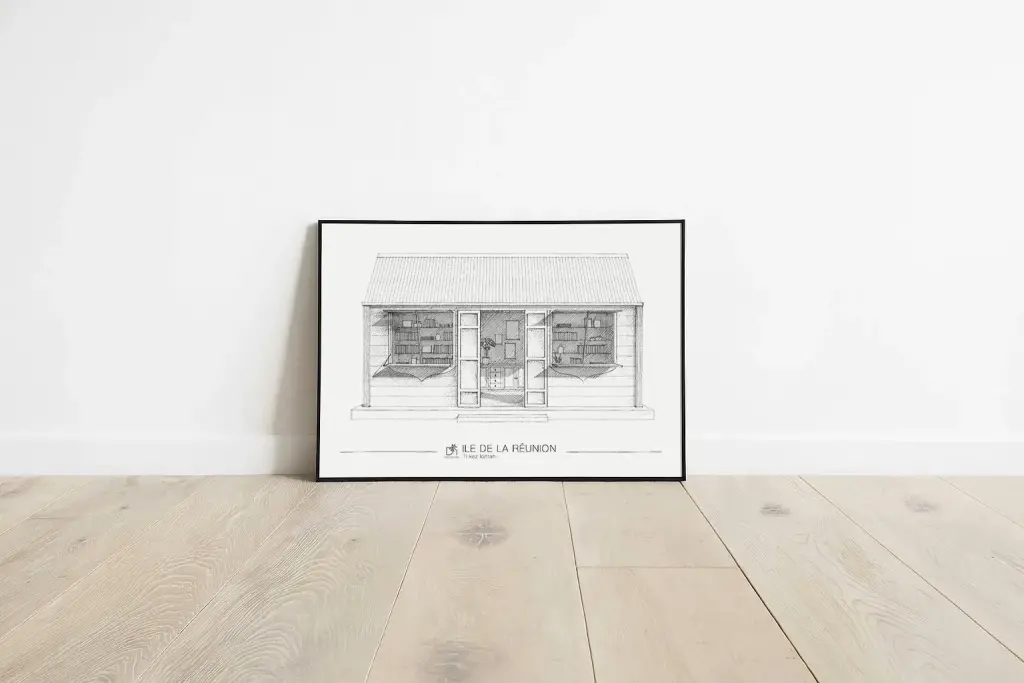 Affiche Ti kaz lontan : case créole ancienne aux volets relevés sur des étagères, dessin au crayon