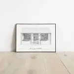 Affiche Ti kaz lontan : case créole ancienne aux volets relevés sur des étagères, dessin au crayon