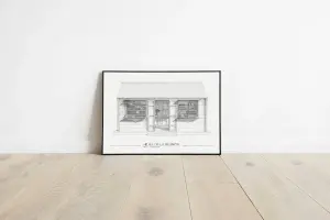 Affiche Ti kaz lontan : case créole ancienne aux volets relevés sur des étagères, dessin au crayon