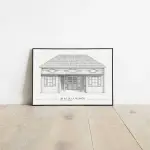 Affiche Ti kaz paradi : case créole à lambrequins et losanges décoratifs, dessin au crayon