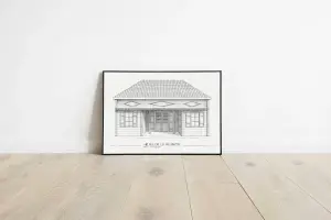 Affiche Ti kaz paradi : case créole à lambrequins et losanges décoratifs, dessin au crayon