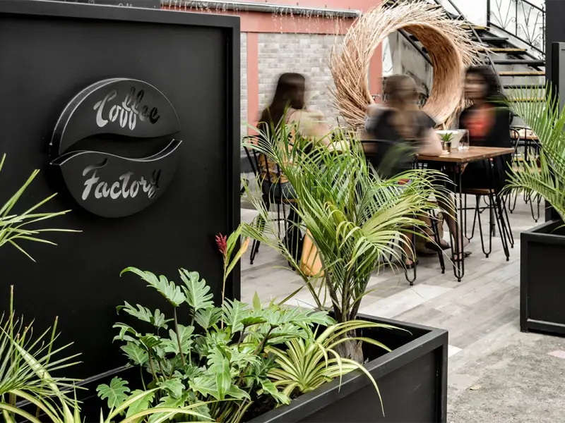 Terrasse végétalisée d’un coffee bar à Saint-Denis avec enseigne ronde et jardinières