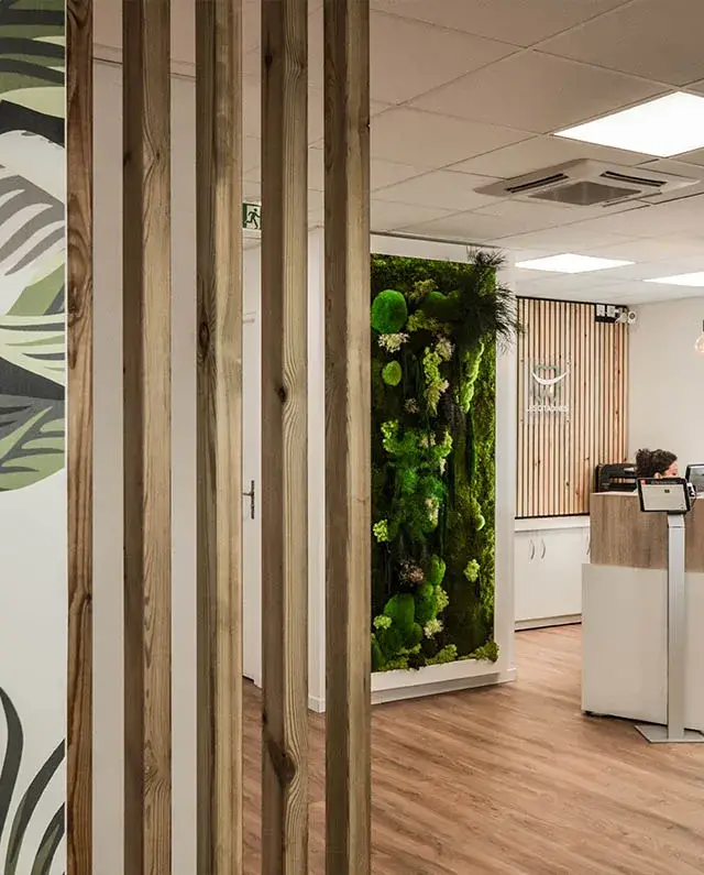 Claustra en tasseaux de bois séparant la salle d’attente de l’accueil, papier peint tropical au premier plan