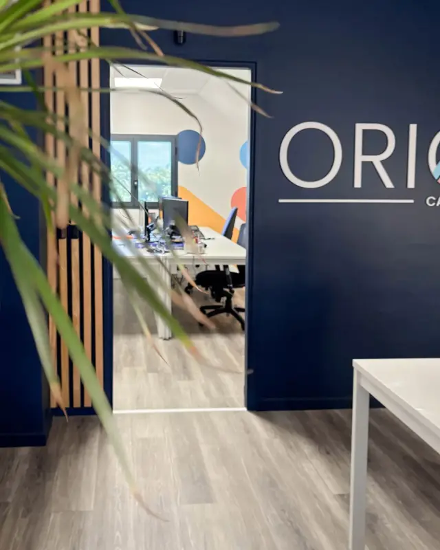 Mur bleu marine et tasseaux de bois encadrant l’accès au bureau partagé coloré