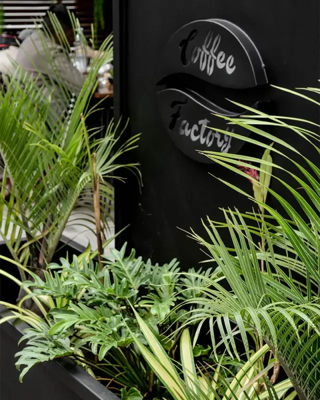 Jardinière noire plantée de palmiers et de philodendrons devant un panneau au logo découpé