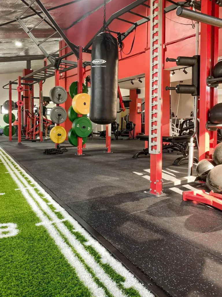 Zone d’entraînement fonctionnel d’une salle de sport à Saint-Pierre avec cage rouge, disques colorés, sac de frappe et piste en gazon synthétique