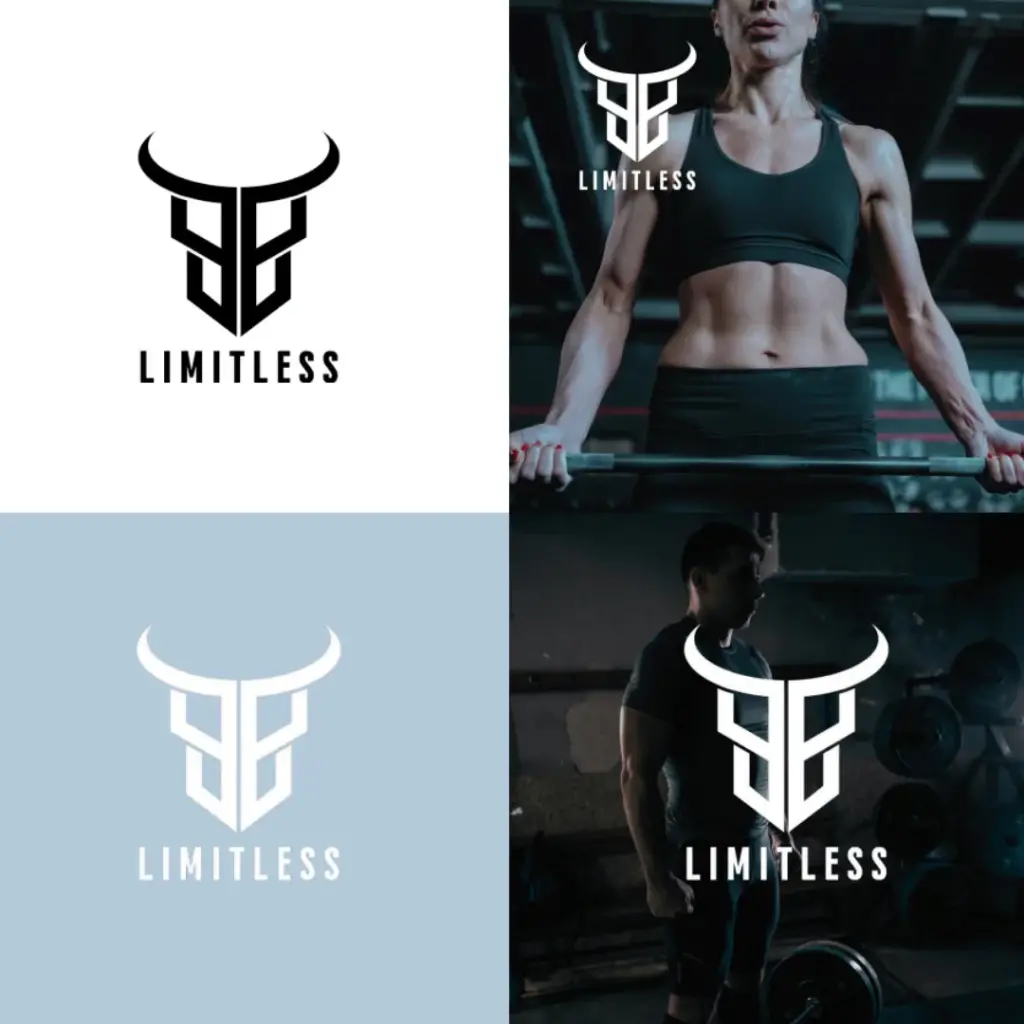 Déclinaisons du logo Limitless sur fond blanc, fond bleu clair et photos de sport, créées par le studio Tropix