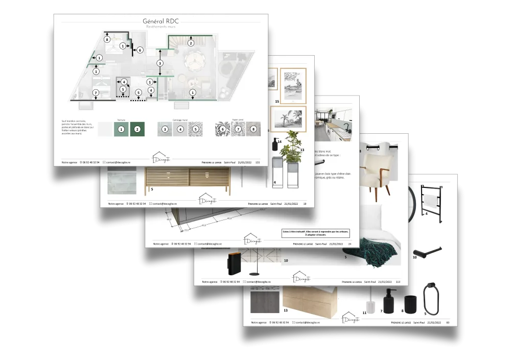 Pages d’un dossier d’étude complète Décogité avec plans explicatifs et sélection de matériaux