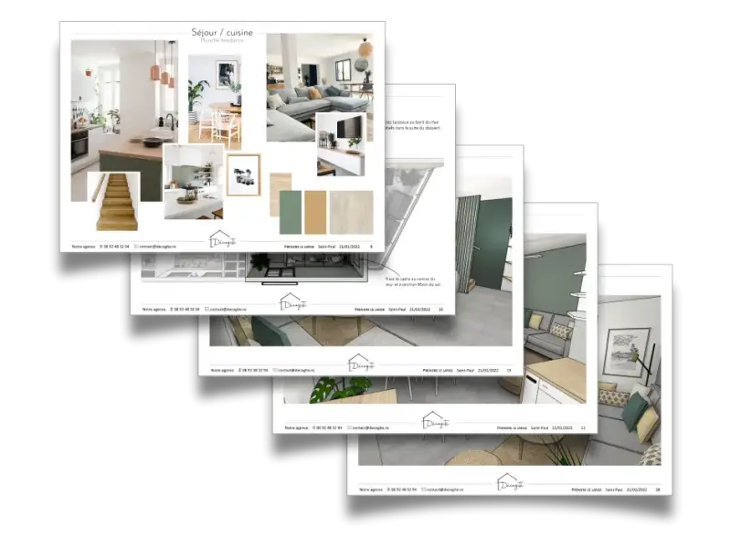 Exemple de dossier d’étude visuelle Décogité avec planches d’ambiance, perspectives 3D et plan d’aménagement