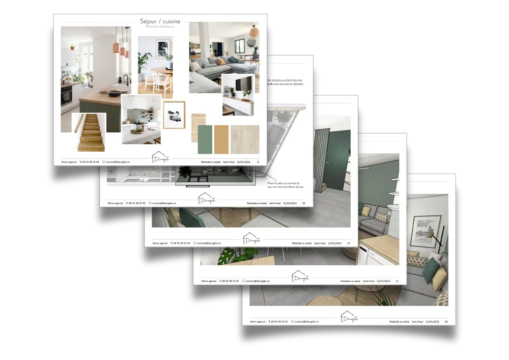 Exemple de dossier d’étude visuelle Décogité avec planches d’ambiance, perspectives 3D et plan d’aménagement