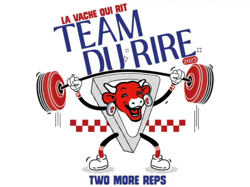 Logo Team du rire 2025 : la mascotte La Vache qui rit soulève une barre d’haltères